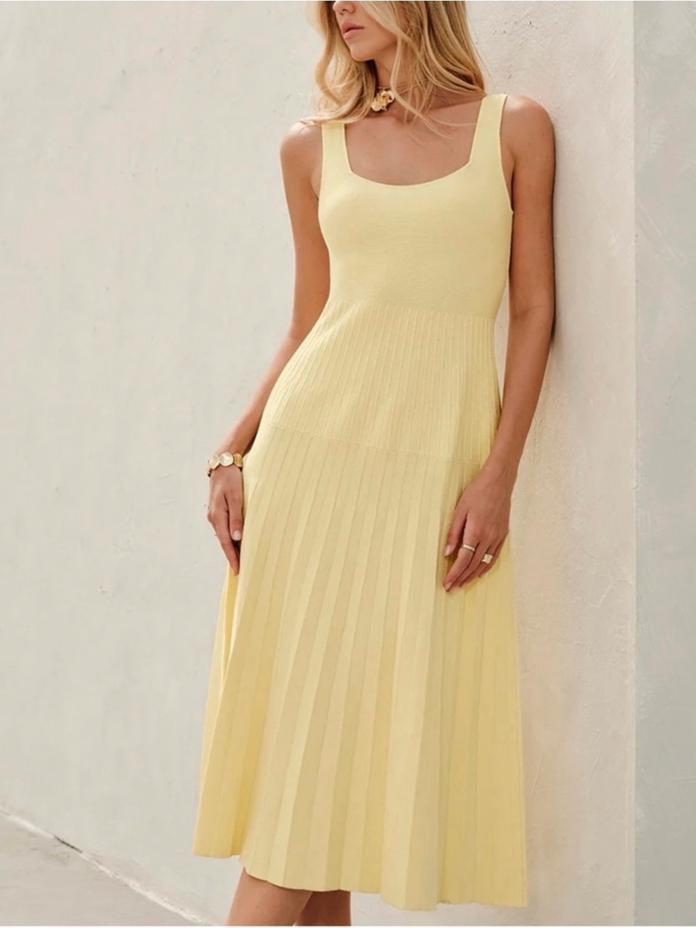 Commense Soft Butter Yellow Knit Midi Dress Open Back Pleated XL NWT